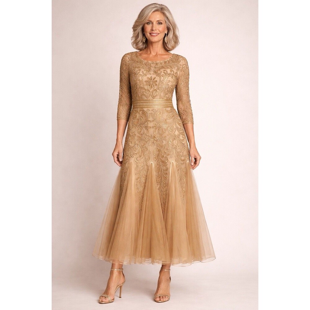 MiaMisty Lace Gold Beige Tulip Skirt Wedding Cocktail Full Swing dress Sz 4-6